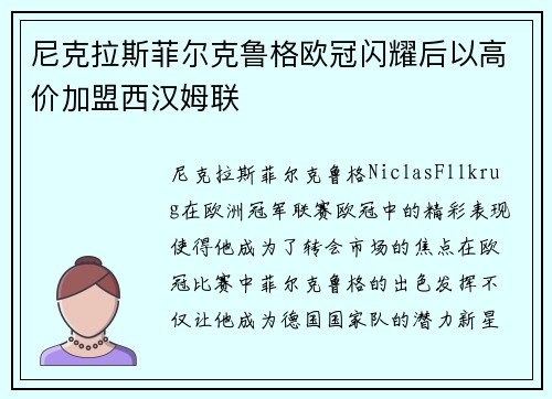 尼克拉斯菲尔克鲁格欧冠闪耀后以高价加盟西汉姆联