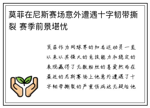 莫菲在尼斯赛场意外遭遇十字韧带撕裂 赛季前景堪忧 莫菲在尼斯赛场意外遭遇十字韧带撕裂 赛季前景堪忧