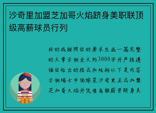 沙奇里加盟芝加哥火焰跻身美职联顶级高薪球员行列